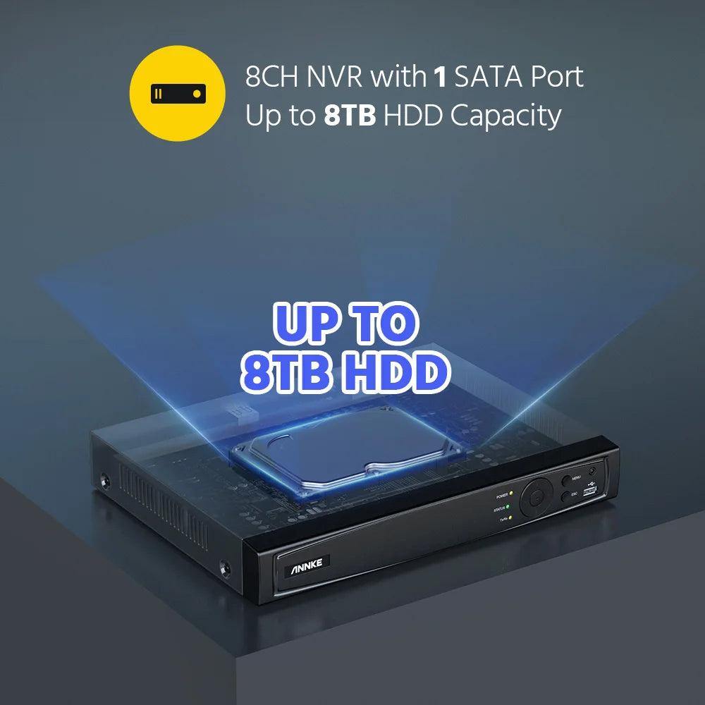 Grabador de video ANNKE 8CH 12MP POE 4K H.265+ NVR para videovigilancia de seguridad con cámara IP POE de 2MP, 4MP, 5MP, 6MP y 8MP con disco duro de 1TB