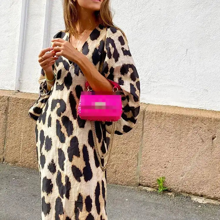 Autumn Women's Long Leopard Print Dress New Long V-neck Loose Lantern Sleeve Leopard Print Dress Long Dress - Lootquake