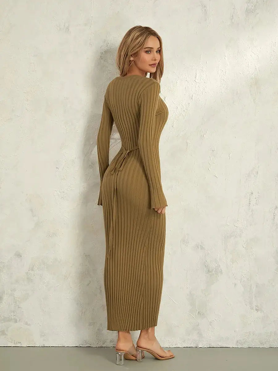 Women Spring Autumn Lace-up Knit Dress Elegant Long Sleeve Crew Neck Ribbed Solid Color Long Dress Streetwear - Lootquake