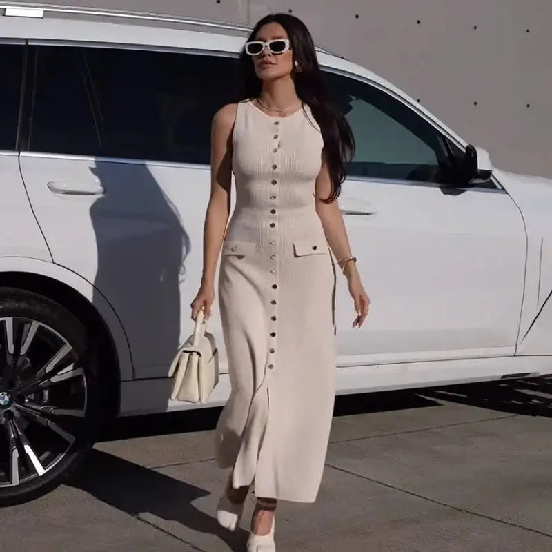 Fashion Knitted Long Dress For Women Elegant Sleeveless Button Maxi Sweater Bodycon Dresses Female Party Fashion Vestidos 2024 N - Lootquake