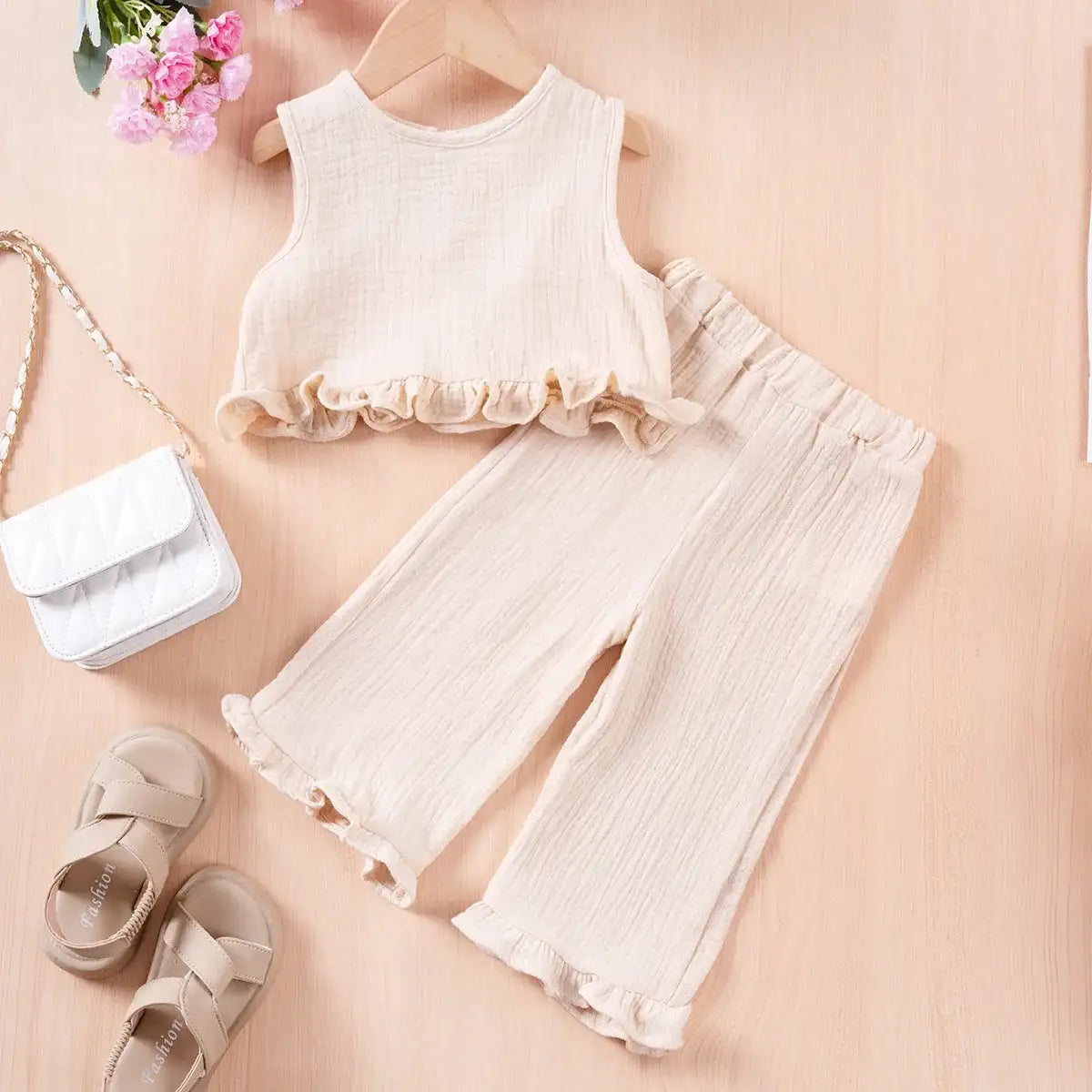 Summer Kids Cotton Casual 2pcs Toddler Girls Solid Color Sleeveless Top + Ruffle Pants Set Comfortable Fashion Hot Sale - Lootquake
