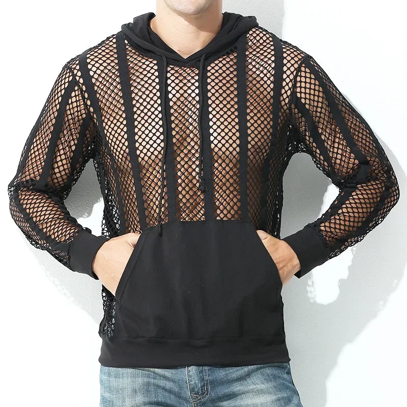 Men Mesh Shirt Transparent Long Sleeve Men Clothing Sexy Solid Party Nightclub Hooded Tops - Lootquake