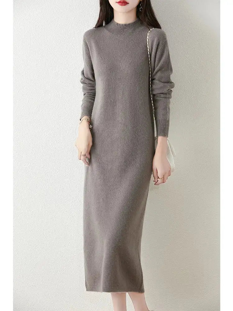 Autumn Winter Women's Wool Long Dress Cashmere Mock Neck Pullover Sweater 100% Merino Wool Soft Knitwear OL Simple Basic Dress - Lootquake