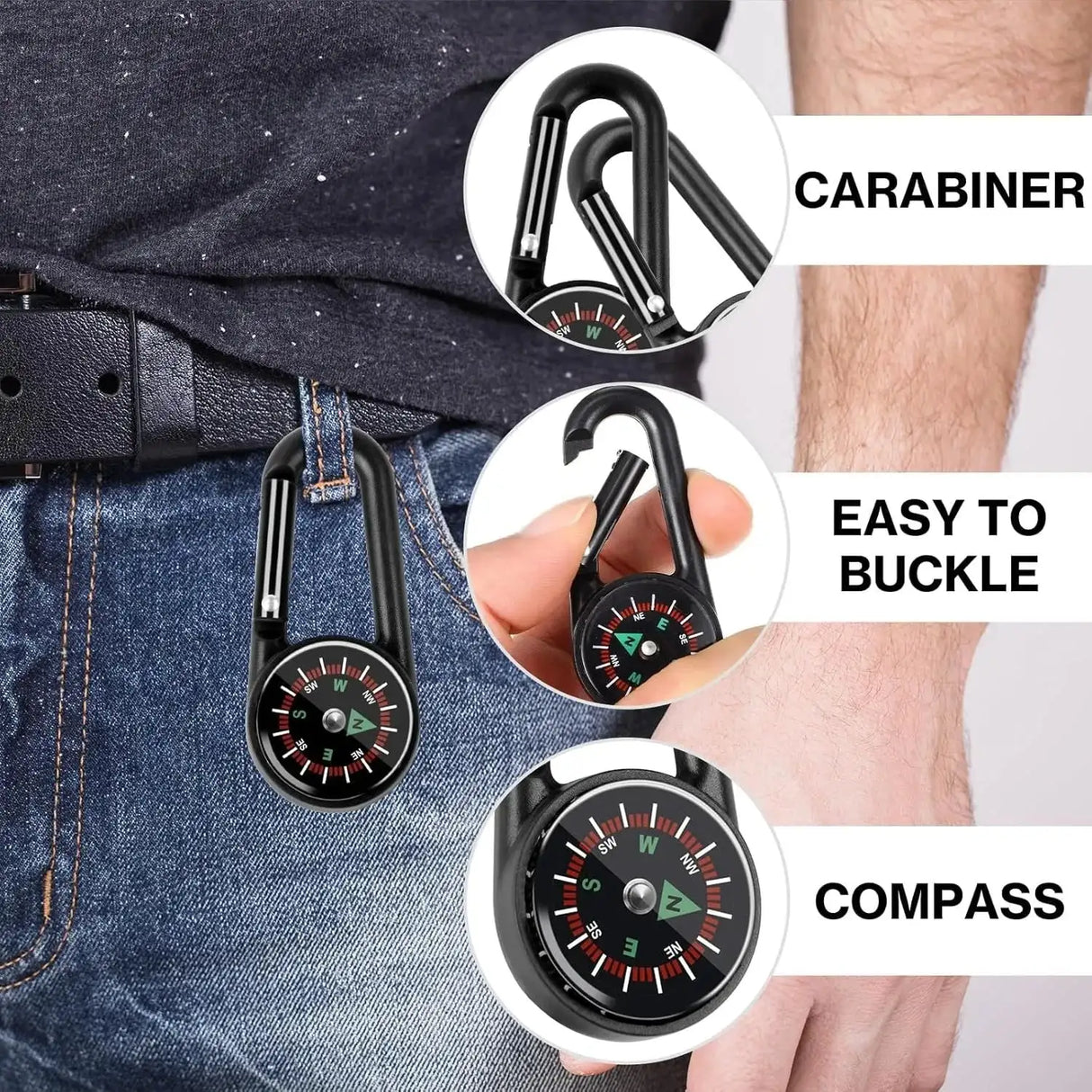 1 Pc Compass Thermometer Carabiner 3 in 1 Mini Compass Carabiner Clip Outdoor Hiking Survival Key Ring Double Sided Metal - Lootquake