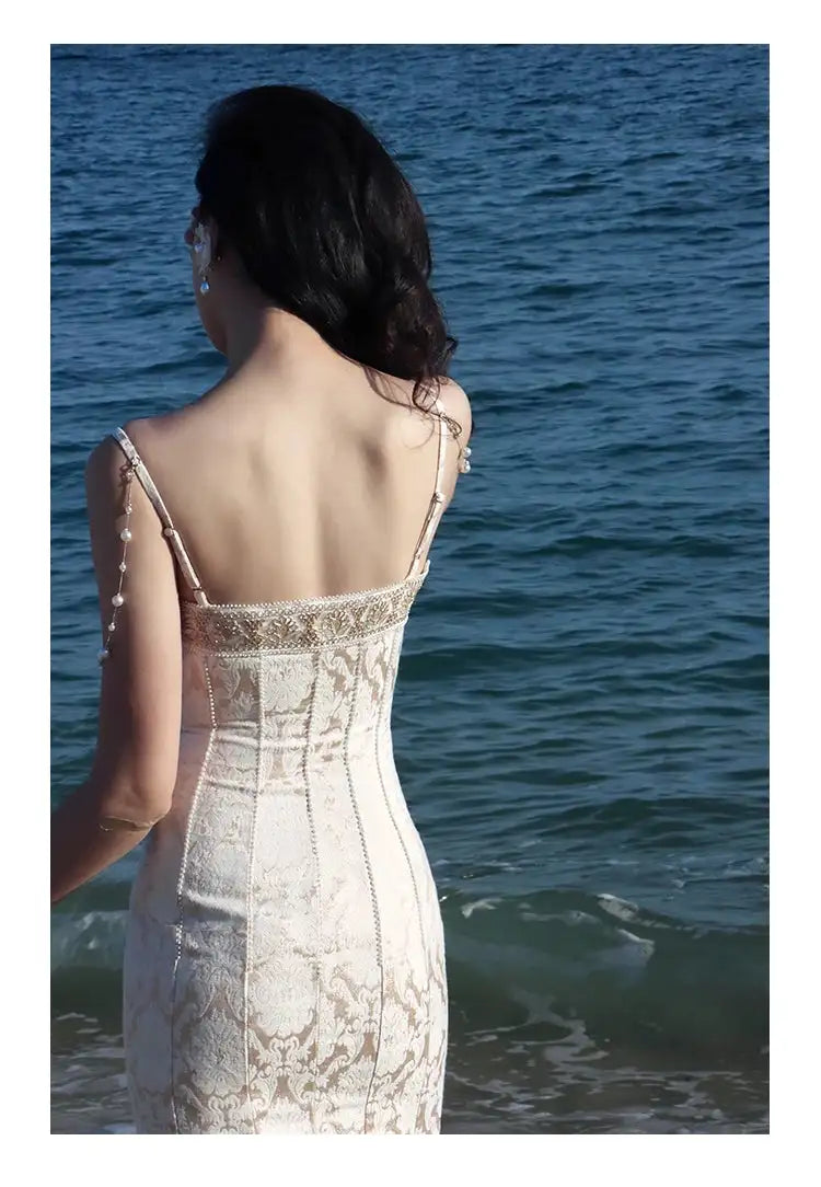 Summer Women Gorgeous Party Mermaid Prom Dress Spaghetti Strap Pearl Beading Ruffles Dress Feminine Backless Trumpet Long Dress - Lootquake