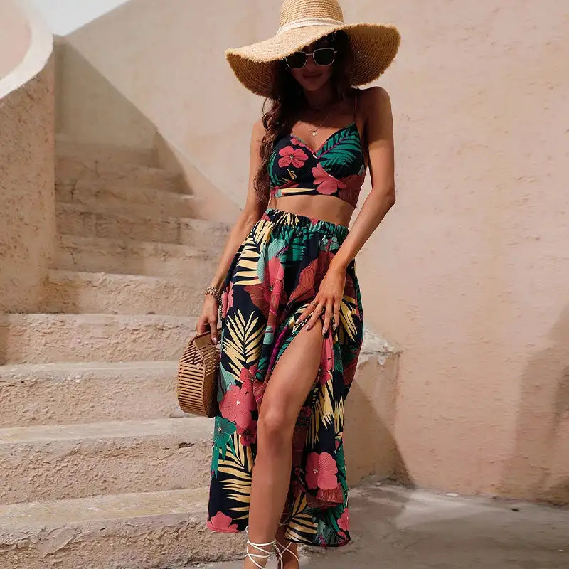 Y2K Bikini Crop Tops Long Dress Sexy Set for Women Summer Fashion Two Pieces Skirt Beach Style Floral Print Midi Sexy Boho Sets - Lootquake