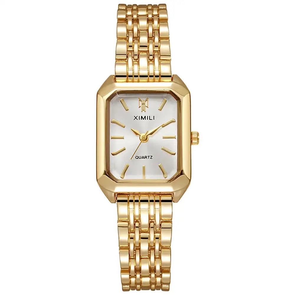 Luxury Ladies Fashion Quartz Watch Simple Scale Square Quality Gold Plated Women Watches Business Stainless Steel Folding Clock - Lootquake
