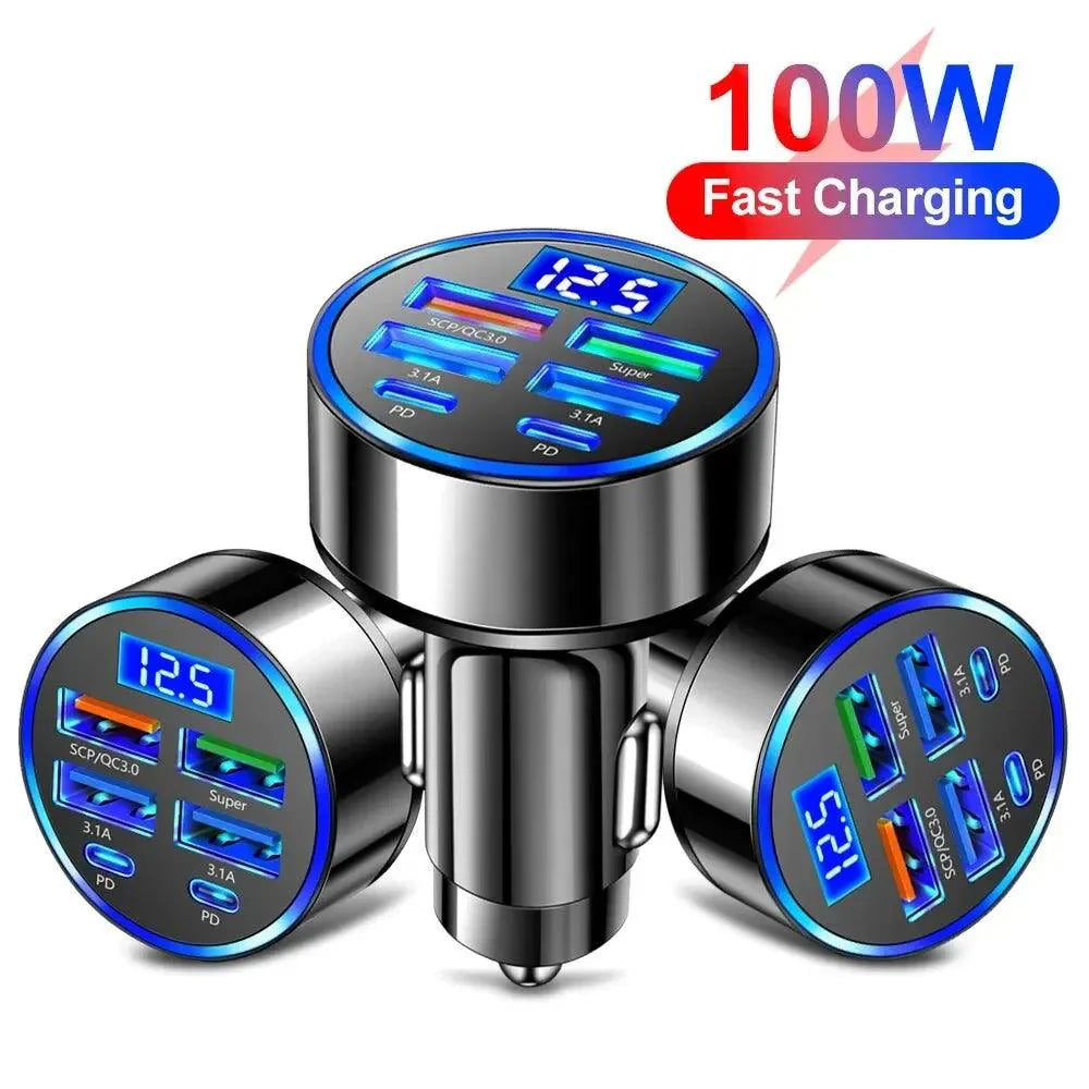 66-250W PD Car Charger QC3.0 Fast Charge with Digital Display 4USB and 2PD Ports for Car Cigarette Lighter Plug