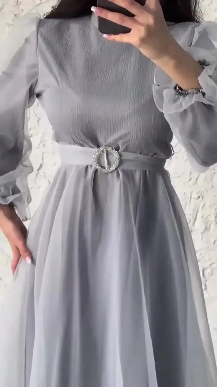 Spring Elegant Mesh Dress Muslim Women Fashion Solid High Waist Mesh Lantern Sleeves Long Dress Women - Lootquake