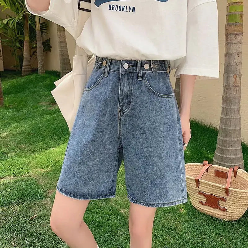 Feynzz Fashion Summer Half Women Denim Shorts High Waist Belted Loose Female Short Jeans Streetwear - Lootquake