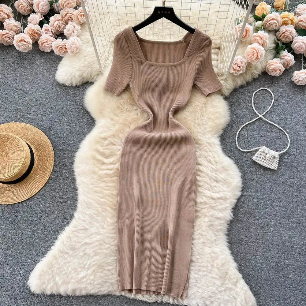 Green 2024 Sexy Summer Knit Short Sleeve Dress Women Squar Collar Waist Bodycon Sundress Female Beach Backless Long Dress - Lootquake