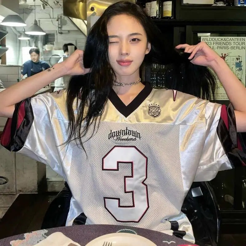 Silver 2024 New Summer Retro Number 3 Jersey for Women Street Contrasting Patchwork Mesh V-neck Oversize Short Sleeved T-shirt - Lootquake