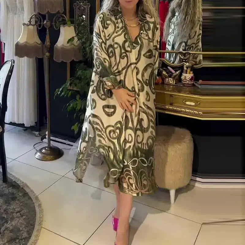 Vintage Fashion Printed V-neck Long Dress Women Spring Long-sleeved Loose Bohemian Dress Autumn Casual A-Line Maxi Dress Vestido - Lootquake