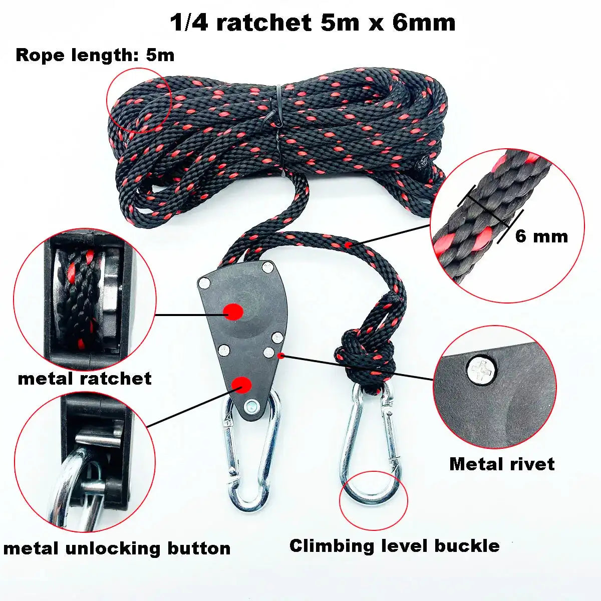 68kg 1/4 Ratchet for 6mm Rope Buckle Awning Wind Rope Tent Rope Fastener Fixed Buckle Pulley Hangers - Lootquake