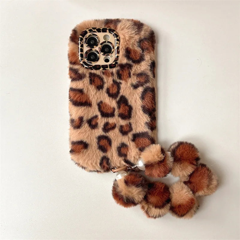 Funda de teléfono con soporte para lente de peluche de leopardo de moda para iPhone