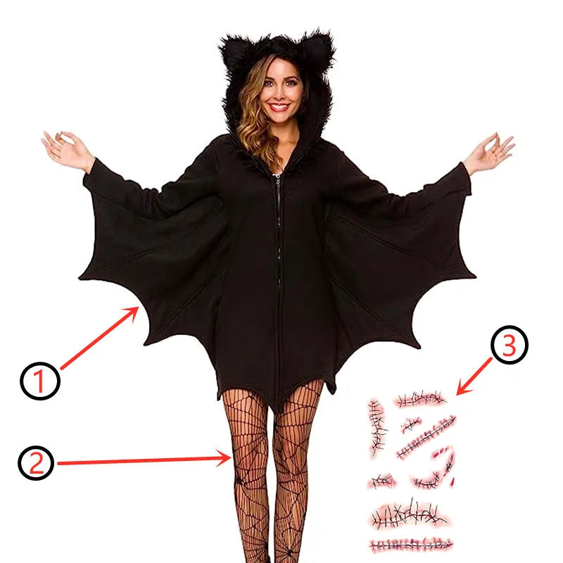 Cozy Black Animal Halloween Costume for Women Bat Adult Cosplay Vampire Zipper Dress Send Black Sexy Socks