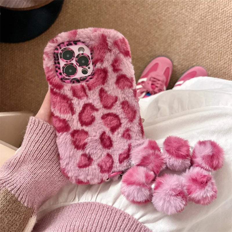 Funda de teléfono con soporte para lente de peluche de leopardo de moda para iPhone