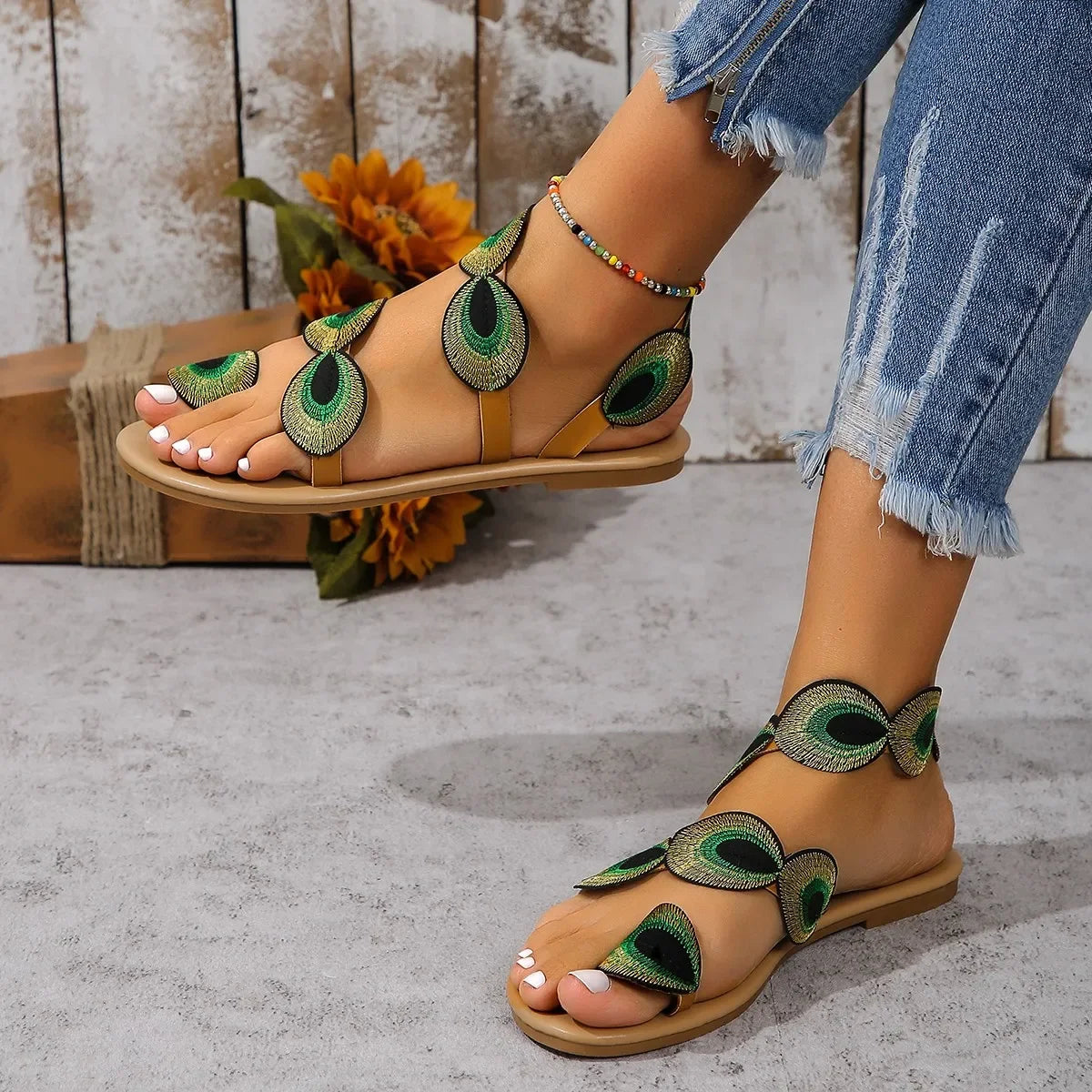 Yellow Embroidered Faux Flower Fashion Sandals Flat Plus Size 43 Summer Outdoor Beach Shoes Travel Mom Shoes - Lootquake