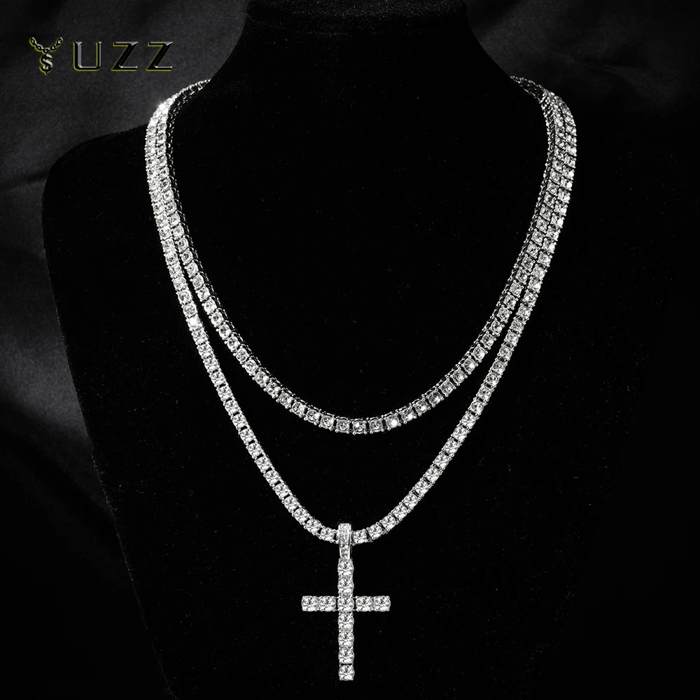 Hip Hop Cross Pendant Necklace Strap 4mm Zircon Tennis Chain Iced Out Sparkling Necklace Men Women Punk Jewelry Fashion Gift - Lootquake
