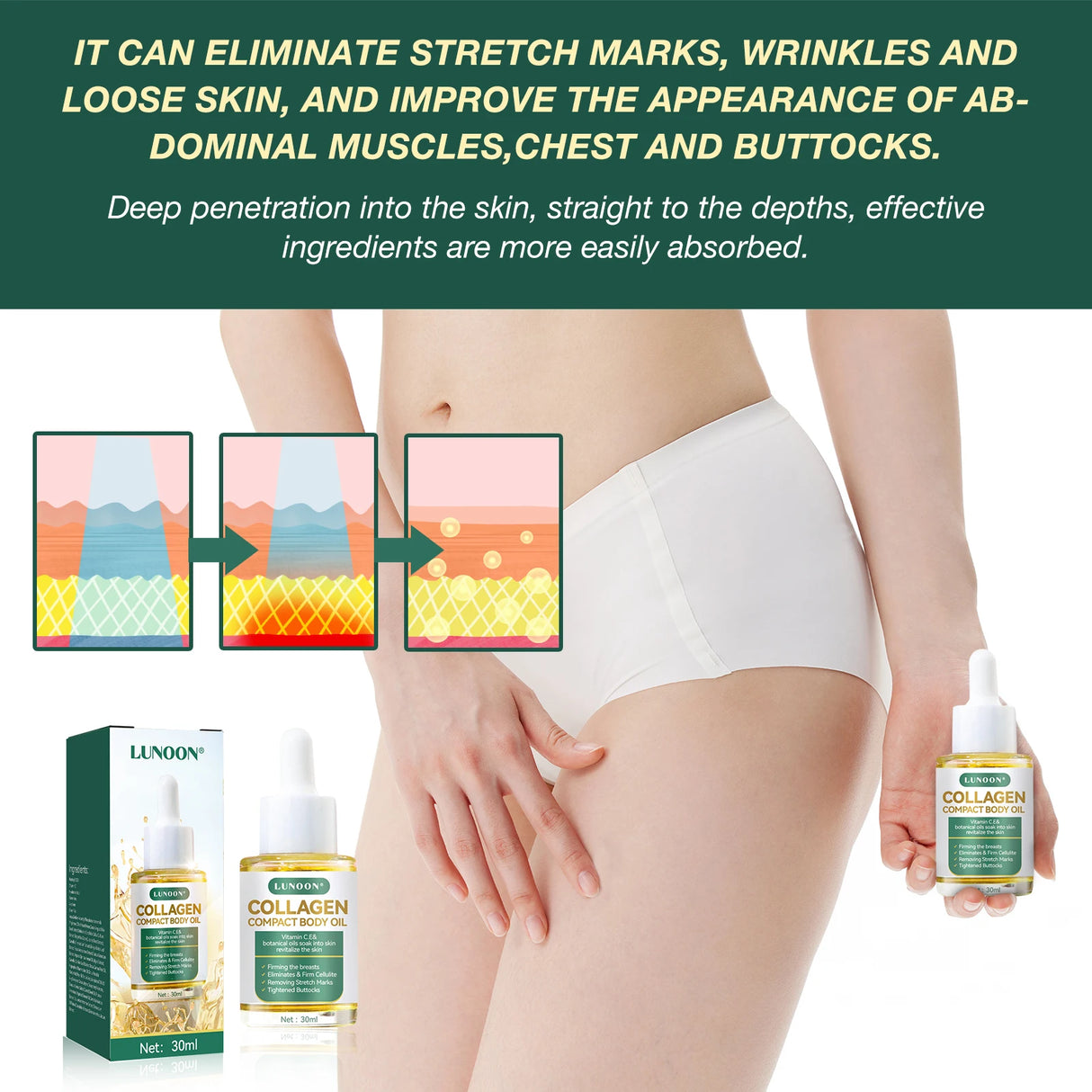 Aceite corporal compacto de colágeno, reduce arrugas y estrías, reafirma el pecho y los glúteos, equilibra las hormonas y cuida la piel de las mujeres.