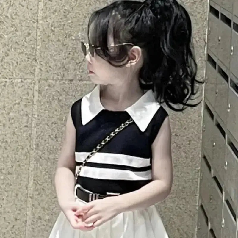 Baby Girls Knitted Polo Shirt Summer Set Latest Children's Western style Tank Top Fashionable Pleated Skirt Two Piece Set - Lootquake