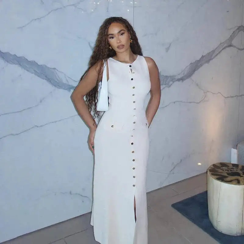 Fashion Knitted Long Dress For Women Elegant Sleeveless Button Maxi Sweater Bodycon Dresses Female Party Fashion Vestidos 2024 N - Lootquake