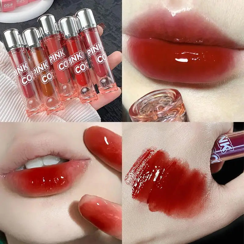 Lápiz labial líquido rojo oscuro con efecto espejo, color marrón rojizo, hidratante ligero, antiadherente, con alta pigmentación, maquillaje cosmético para labios.