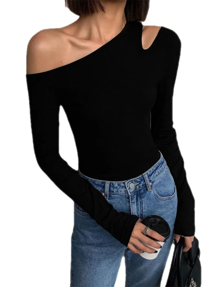Fashion Skew Collar Off-shoulder Long-sleeved T-shirts Women Spring 2025 New Solid Slim Fit Crop Top Sexy Hollow Out Tees Shirts - Lootquake