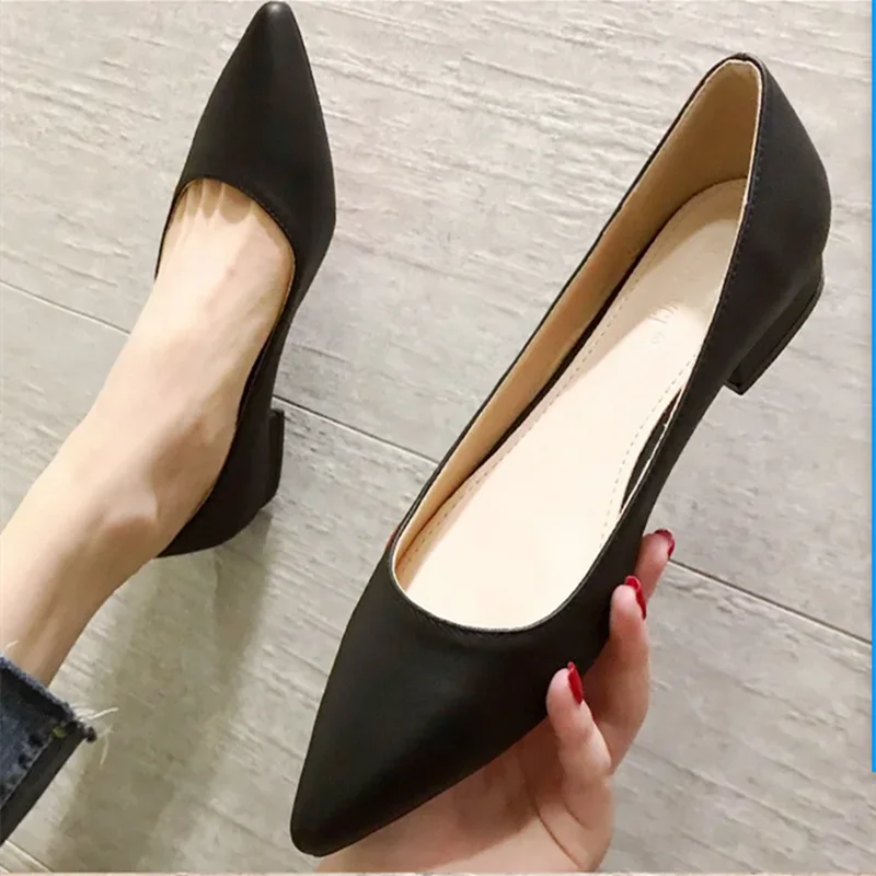 Woman Closed Back Snug Shoes Low Heels 2cm Null Pumps Pointy Toe Slip-On Red Black Beige Narrow Feet Seam Mocasines 34-43 25cm - Lootquake