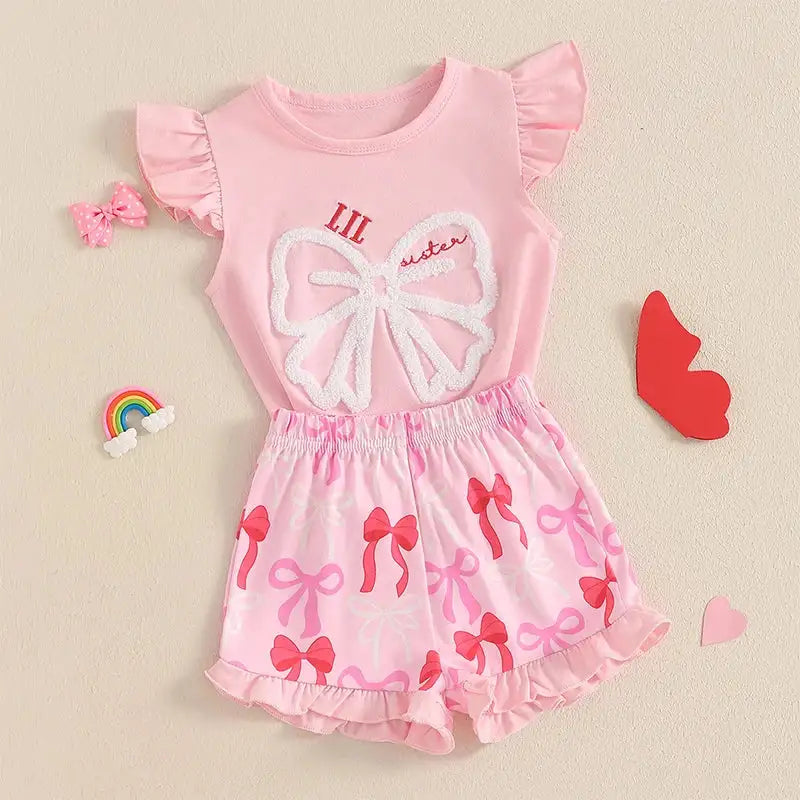 Cute Matching Baby Toddler Brother Outfit Bow Fly Sleeve Tops Elastic Waist Ruffle Shorts 2 Piece Summer Set for Siblings - Lootquake