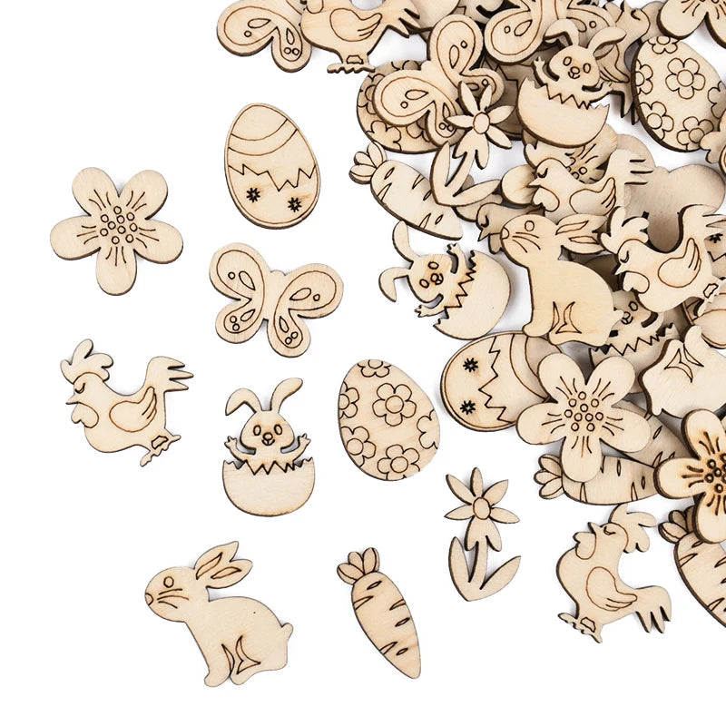 50pcs Easter Wooden Confetti Rabbit Carrot Eggs Kids Painting DIY Crafts Wood Slice 2025 Spring Easter Party Decoration For Home - Lootquake