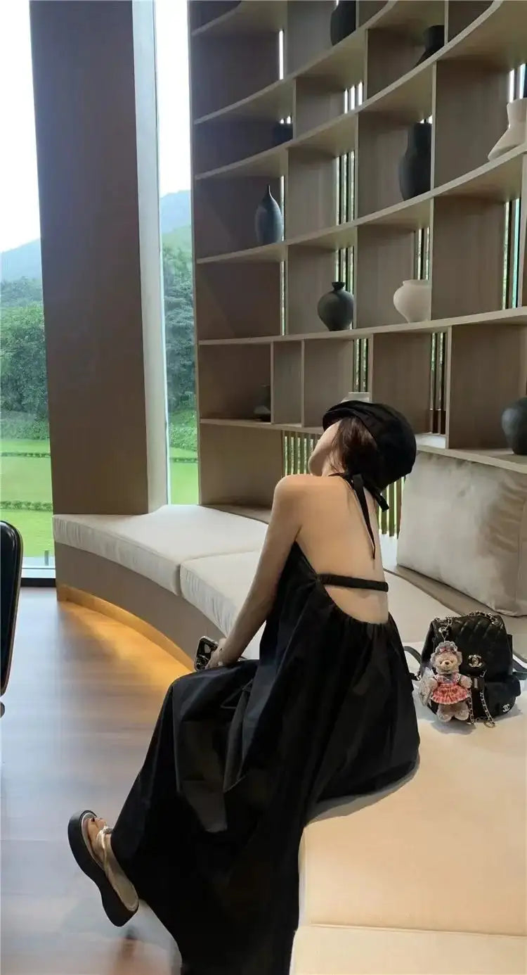 Robe de vacances d'été style thaïlandais, dos nu, col licou, anti-âge, photographie, plage, longue, ceinturée