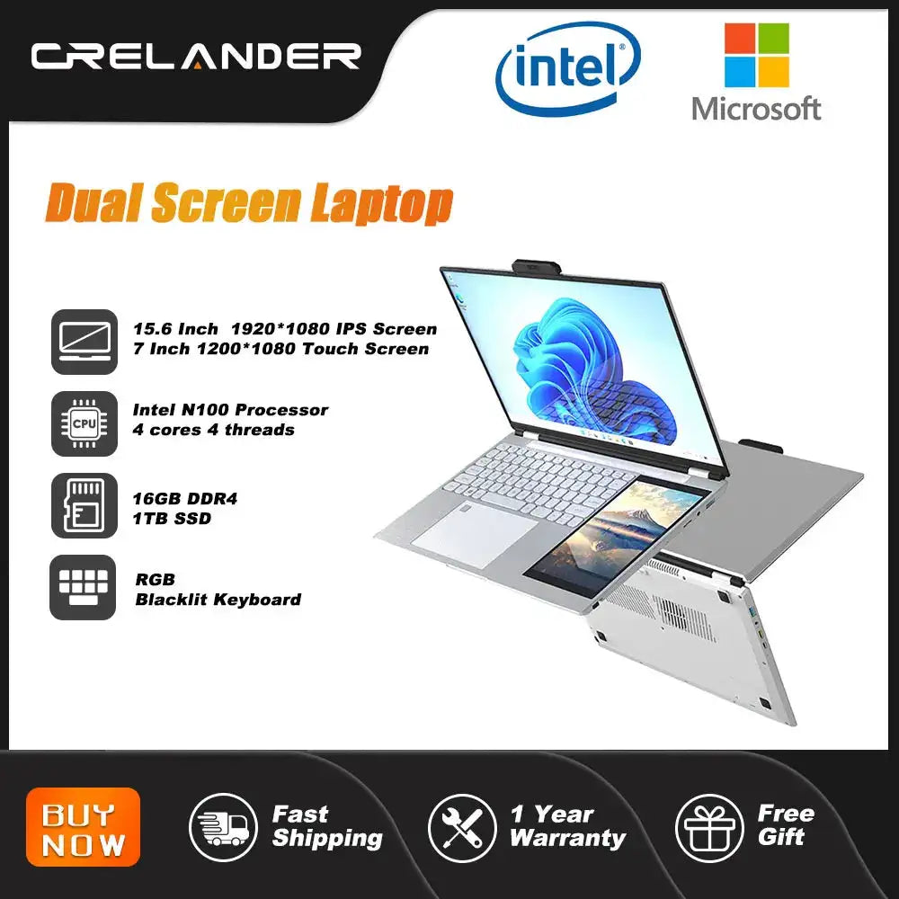 CRELNADER Dual Screen Laptop 7 Inch Touch Screen Metal Case RGB Backlit Fingerprint Unlock Window 11 Ultrathin Laptops Notebook - Lootquake