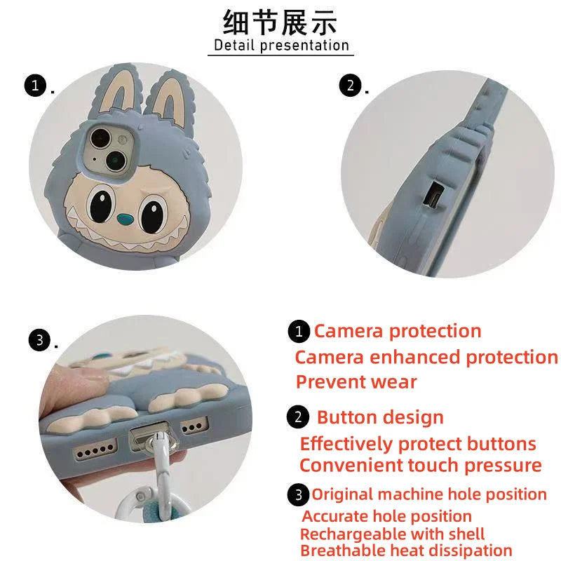 Funda de silicona suave con diseño de conejo monstruo kawaii en 3D para iPhone