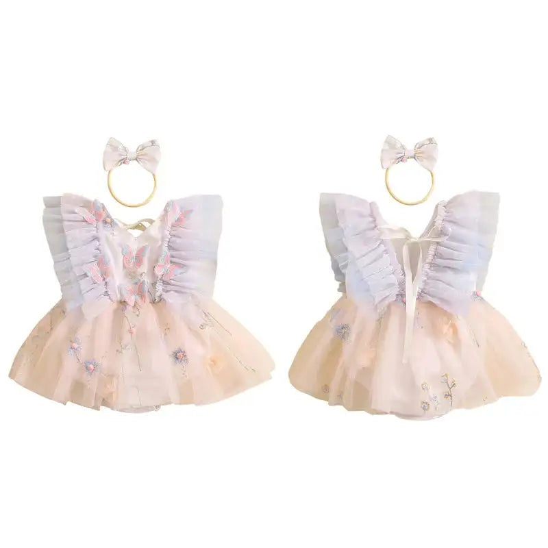 Pudcoco Baby Girl 2Piece Summer Set 3D Butterfly Flower Embroidery Fly Sleeve Mesh Romper Dress 3D Bow Headband Toddler Outfits - Lootquake