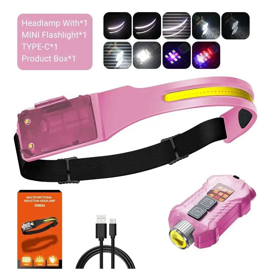 Linterna frontal con sensor LED, linterna frontal recargable, batería integrada, 5 modos de iluminación, para pesca y camping.