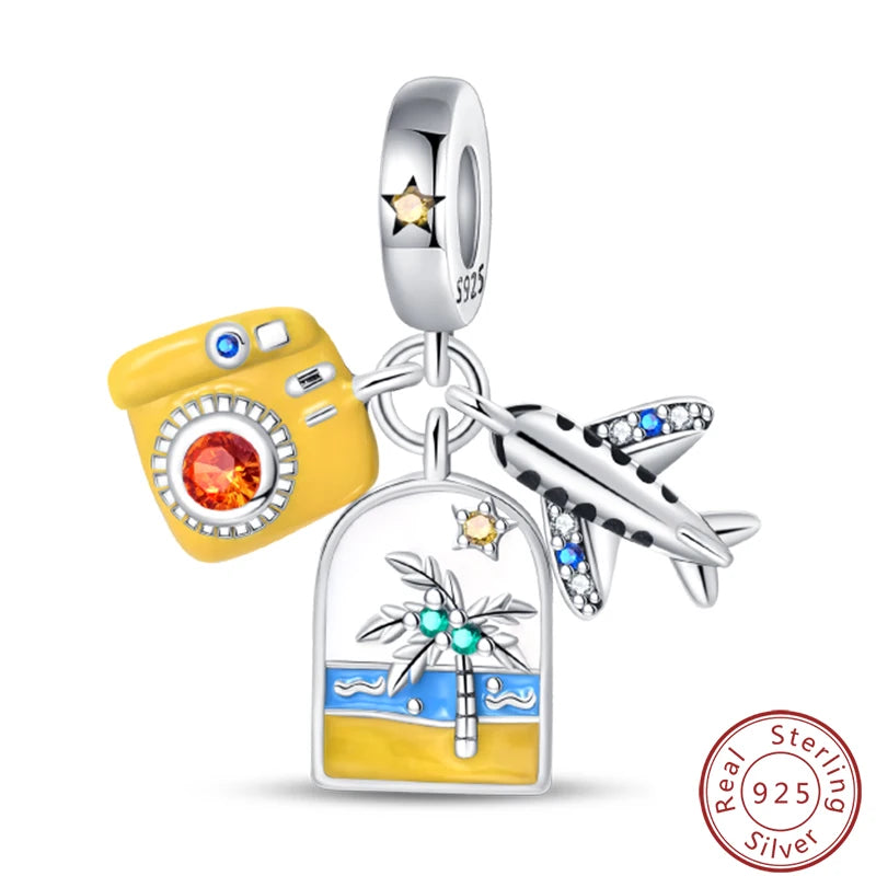 Ensemble de trois breloques en argent sterling S925, perles de 3 mm, motif princesse, golf, hamster, appareil photo, voyage, fabrication de bijoux fins