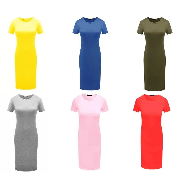 652F Women Summer Short Sleeve Plain Slim Fitted Knee Length Package Hip Long Dress - Lootquake