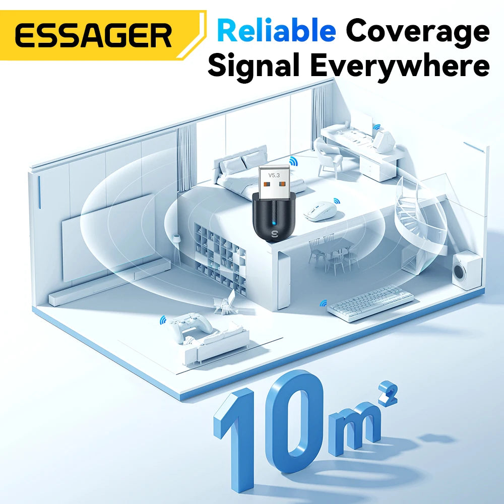 Adaptateur USB Bluetooth 5.3 Essager, récepteur audio auxiliaire, émetteur pour haut-parleur PC, ordinateur portable, boîte à son, souris sans fil, émetteur USB