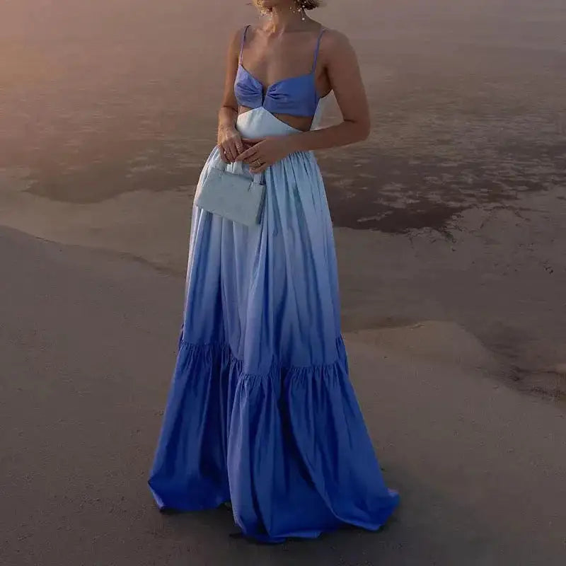 2024 New Spaghetti Strap Gradient Print Long Dress Lady Sexy V-neck Hollow Backless Evening Dress Elegant Sleeveless Slim Dress - Lootquake