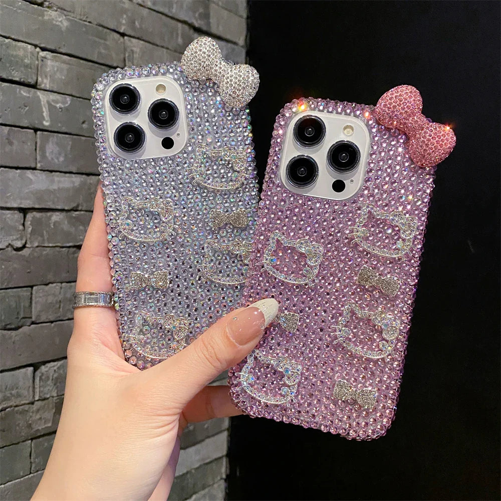 Funda para teléfono con lazo rosa y cara de Hello Kitty con purpurina de diamante