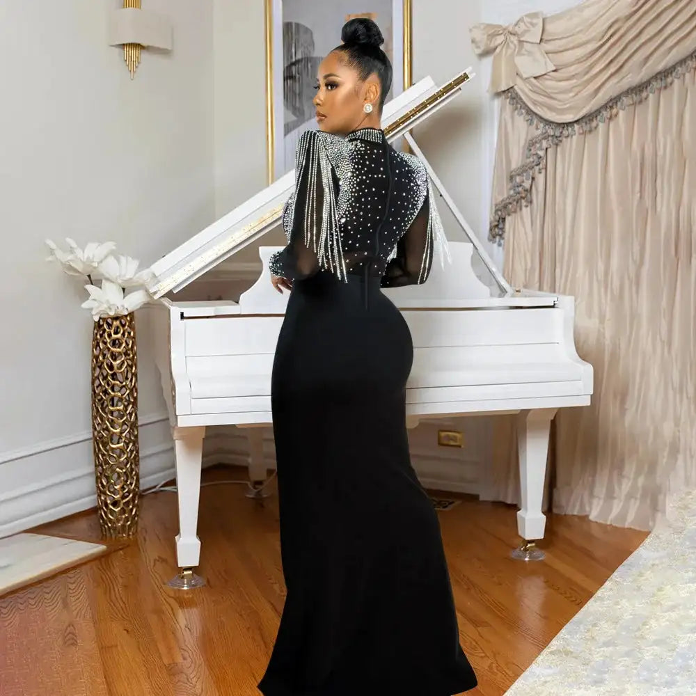 CM.YAYA Women Mesh See Through Long Sleeve Diamonds Hot Rhinestones Mermaid Long Dress Fall Evening Sexy Party Dresses Vestidos - Lootquake