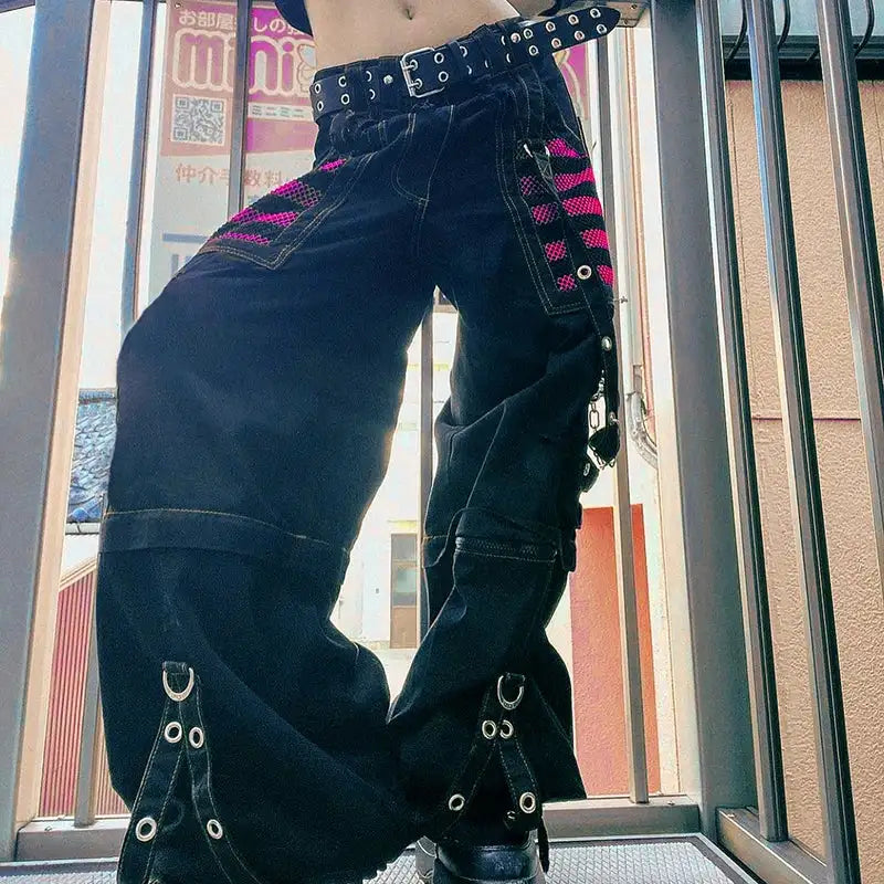 Gothic Women Punk Cargo Pants Wide Straight Leg Pants Grunge Hippie Baggy Trousers Y2k Academic Dark Clothes Streetwear - Lootquake