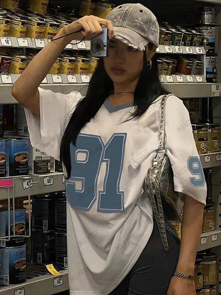 2025 Summer New Retro No.91 Printed T-Shirt For Women V-Neck Short Sleeve Sports Football Jersey Y2K Loose Oversized Tops