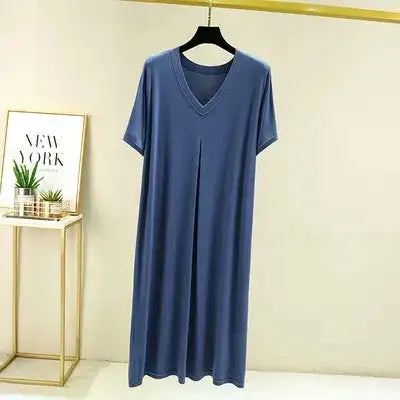 Modal Cotton Short Sleeved Nightdress for Women's Summer Casual Home Sleepwear V-neck Pleated Oversized Loose Hem Mid-Long Dress - Lootquake