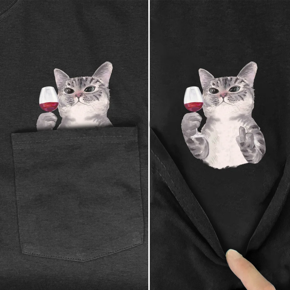 CLOOCL Animal T-Shirt Fashion Brand Summer Pocket Cat Stickers Printed T-shirt Men's Women Shirts Hip Hop Tops Funny Cotton Tees - Lootquake