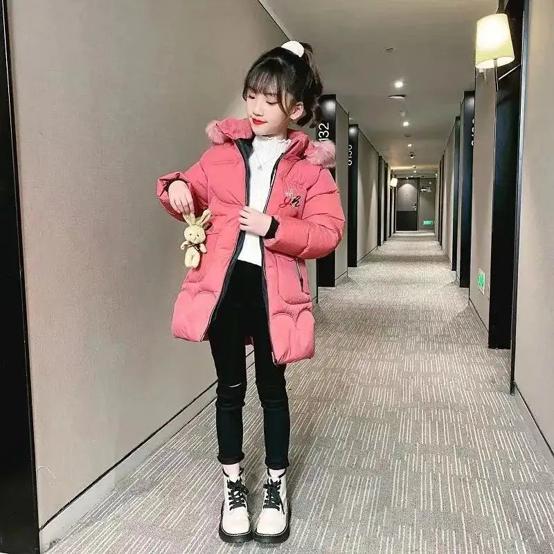 4 Color Big Size Winter Keep Warm Long Style Girls Jacket Teenage Thick Heavy Cold-proof Hooded Windbreaker Coat For Kids - Lootquake