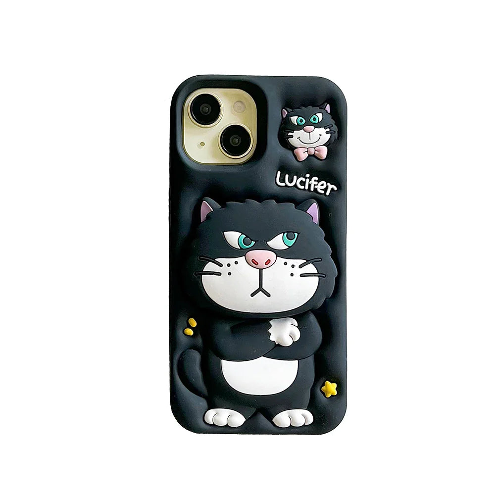 Cute 3D Cartoon Lucifer Cat With Stand Holder Phone Case