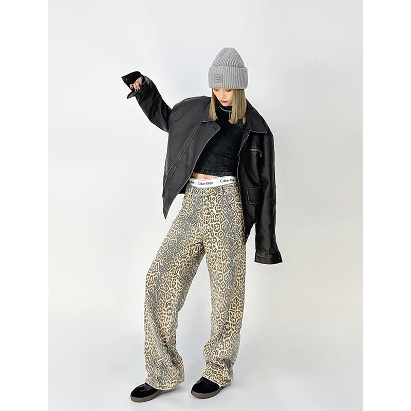 American Retro High Street Casual Overalls Leopard Print Loose Wide Leg Pants For Women Y2k Hip-hop Cargo Grunge Baggy Trousers - Lootquake