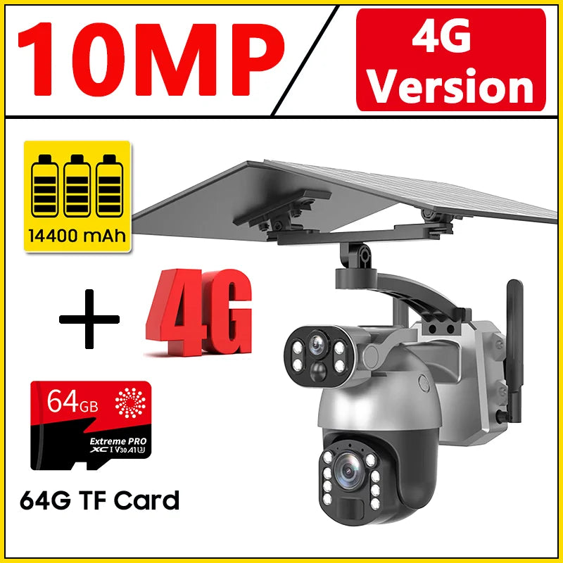 Caméra solaire 10 MP, zoom x50, double objectif, 4G, SIM, WIFI, surveillance extérieure, PTZ, détection humaine, enregistrement, vision nocturne